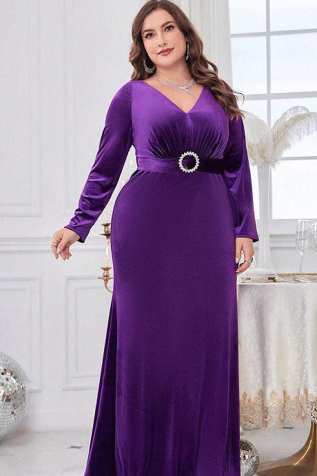 kate v neck long sleeve velvet maxi dress in purple