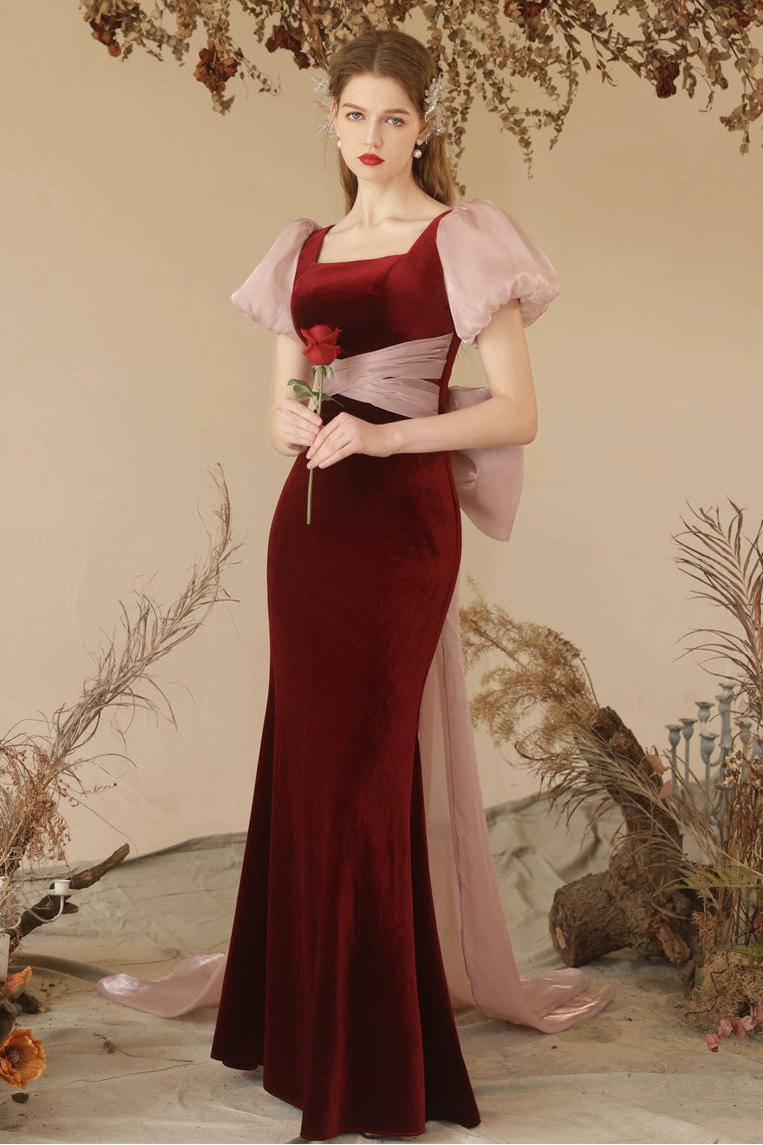 Stephanie wine red velvet fishtail maxi dress