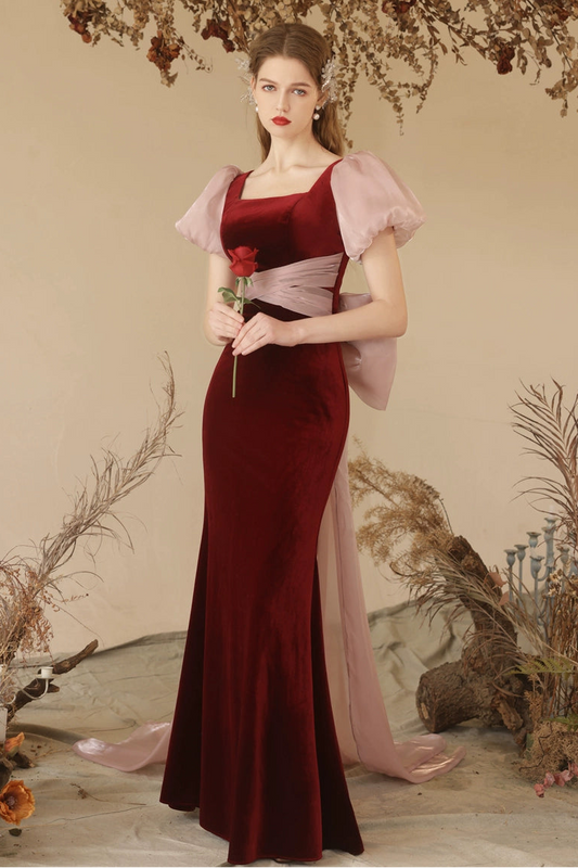 Stephanie wine red velvet fishtail maxi dress