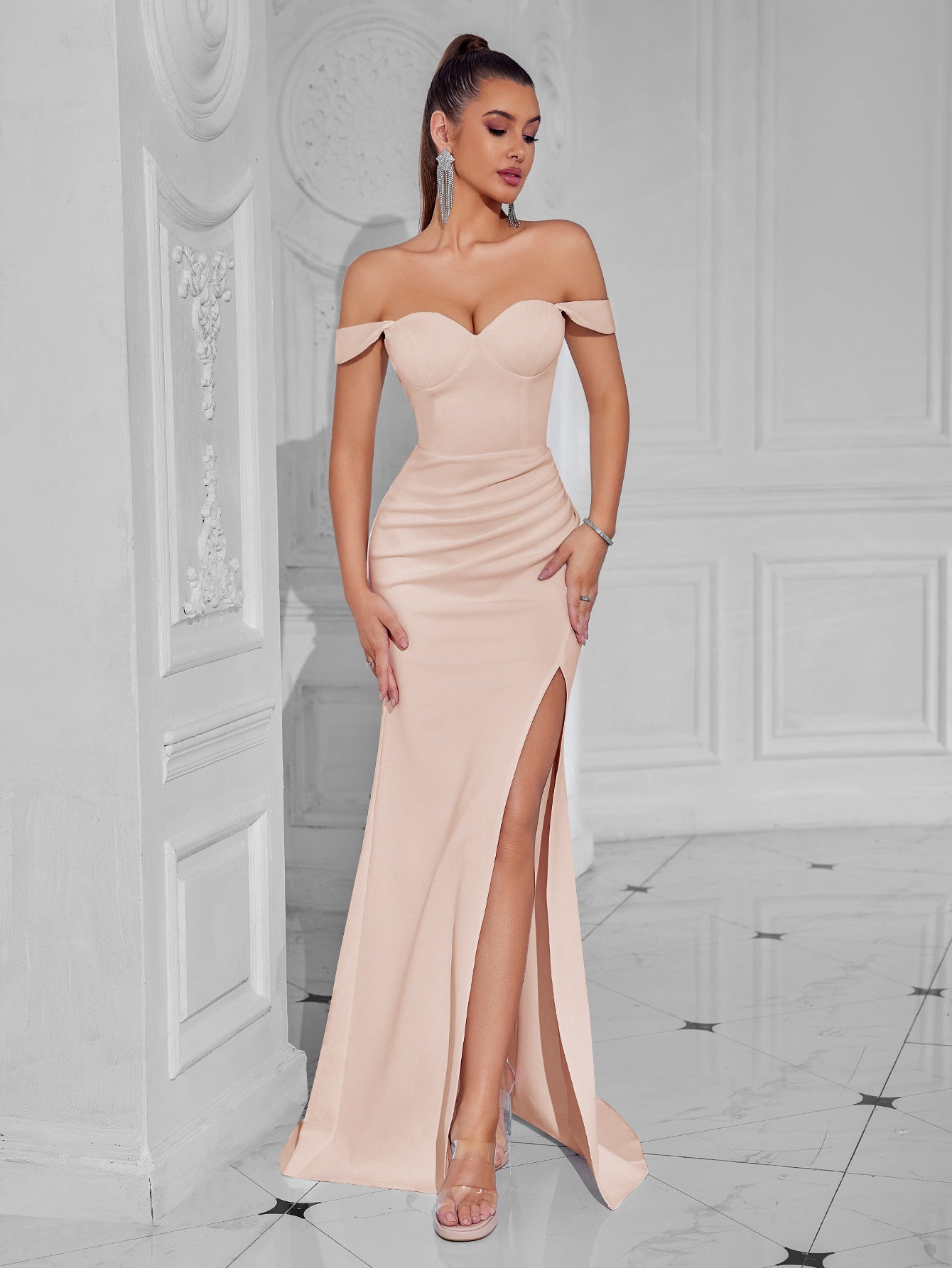 claire high slit backless bodycon maxi dress in white