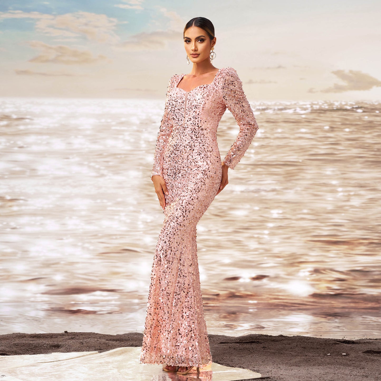 square neck long sleeve bodycon maxi dress in rose gold