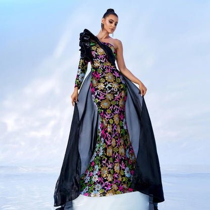 one-shoulder floral embroidery maxi dress in black