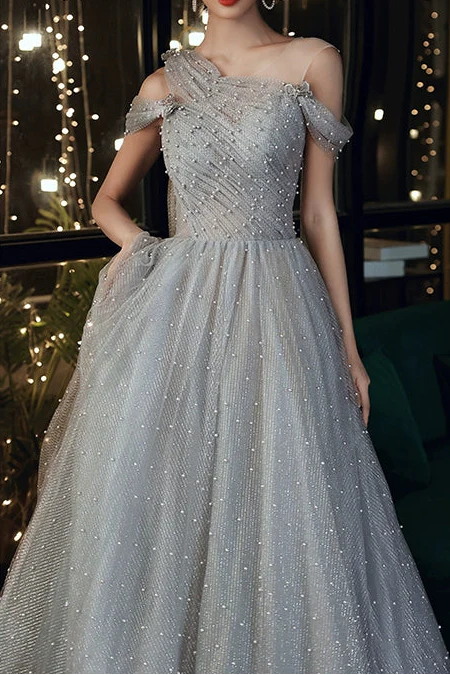 Dusty Blue one-shoulder pearl maxi tulle evening dress