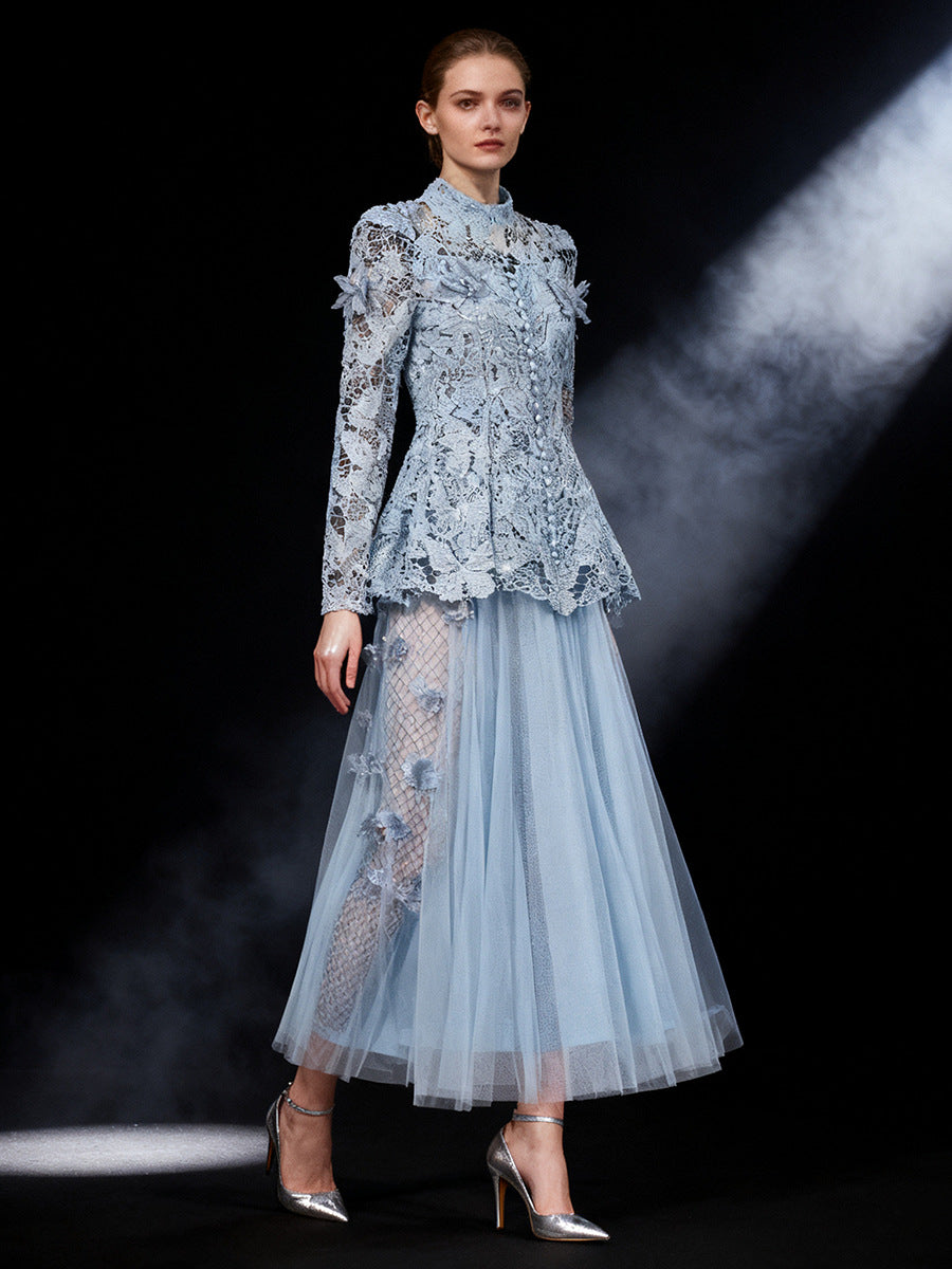 Yvette blu - Top e gonna a farfalla in pizzo con maniche lunghe e pieghe, set due pezzi