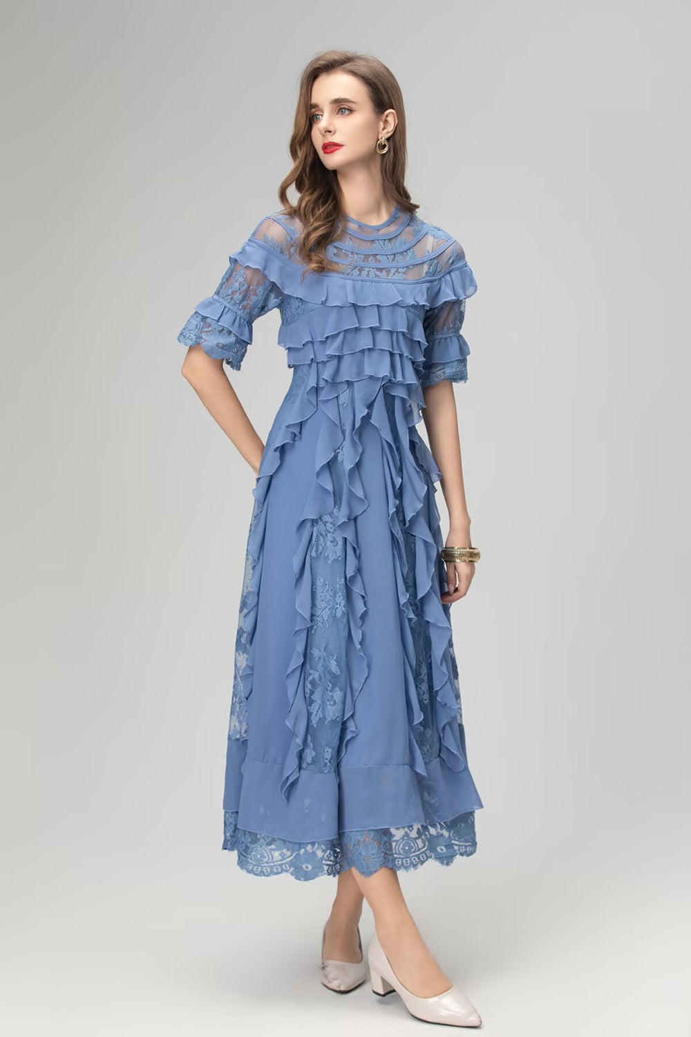 lorraine lace ruffle trim midi dress in blue
