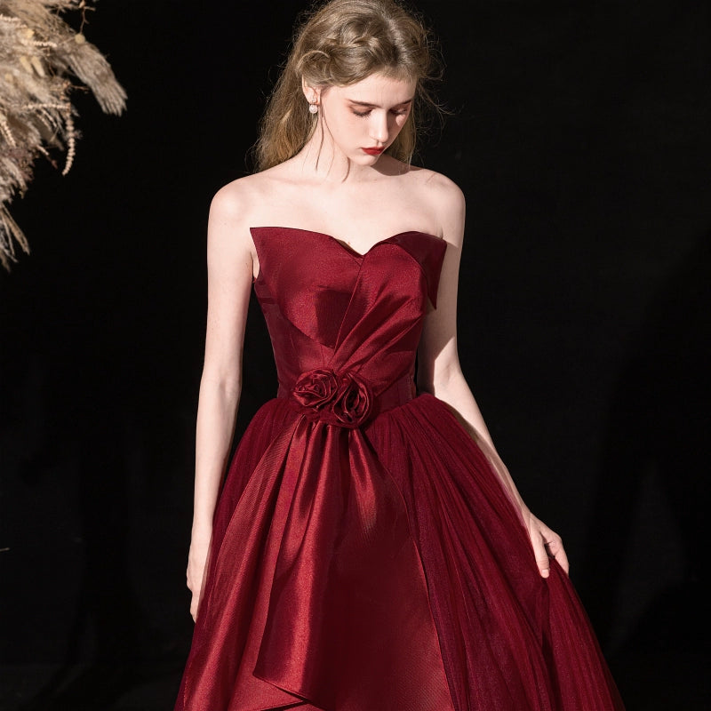 off-shoulder bow satin maxi dress in Bordeaux