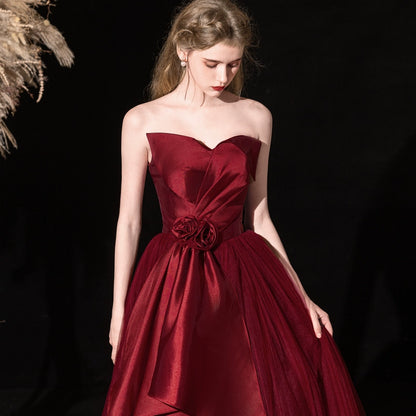 off-shoulder bow satin maxi dress in Bordeaux