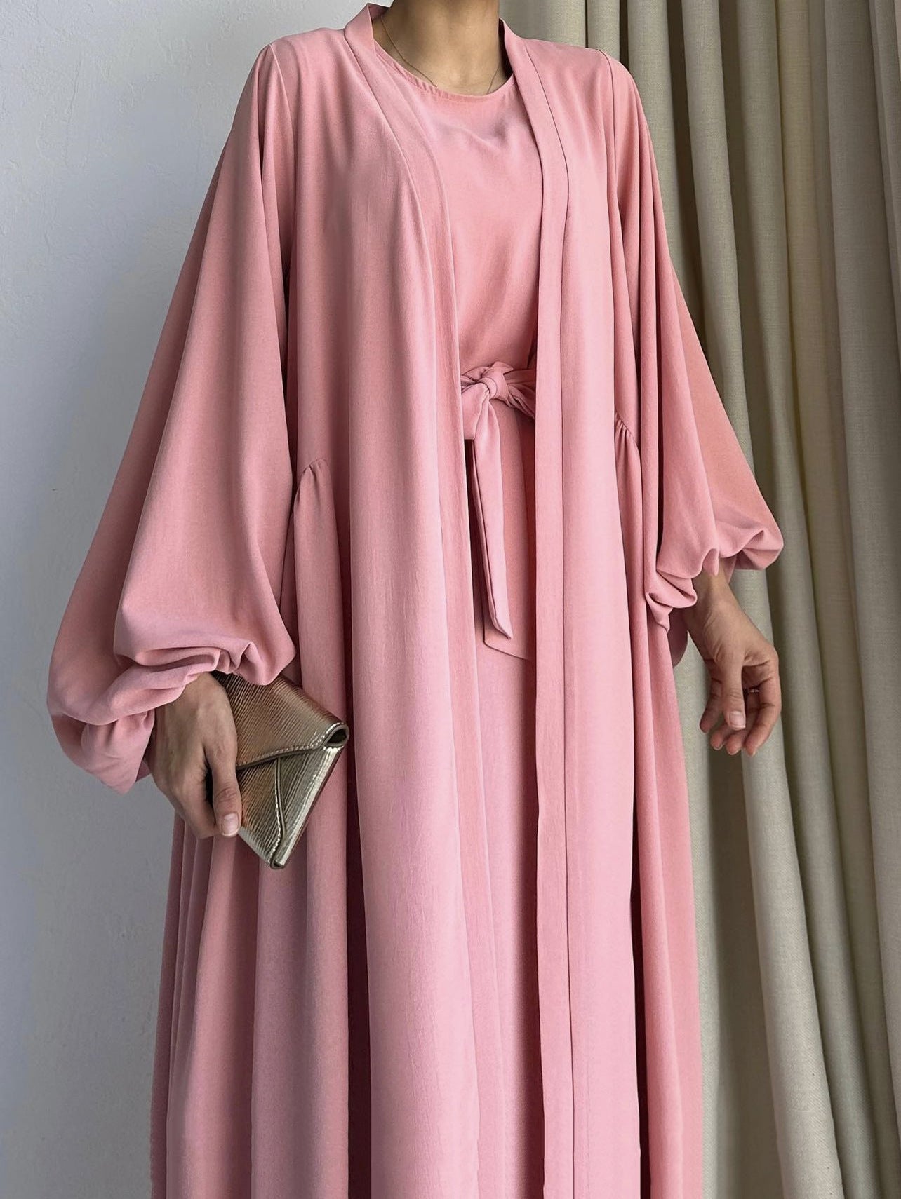 Two Pieces Set Nidha Open Abaya with Bubble Sleeves and Inner Dress