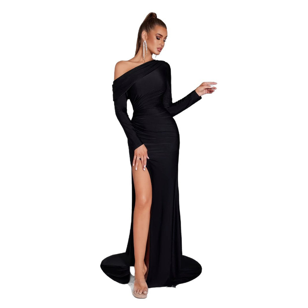 coral One-shoulder high slit maxi dress in black