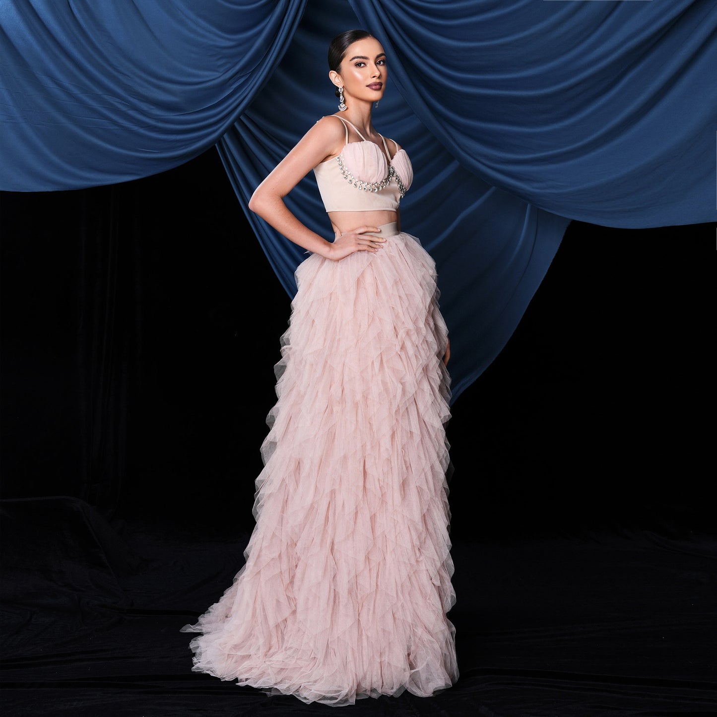 mesh hem rhinestone corset two-piece set