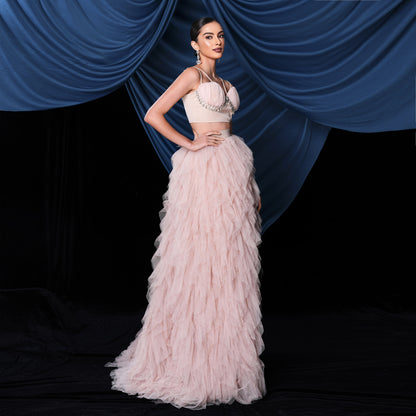 mesh hem rhinestone corset two-piece set