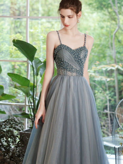 viven pearl embellished tulle maxi dress in blue