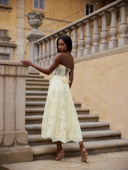 Amanda Yellow European American Style Sexy Backless Tie-Wrap Dress
