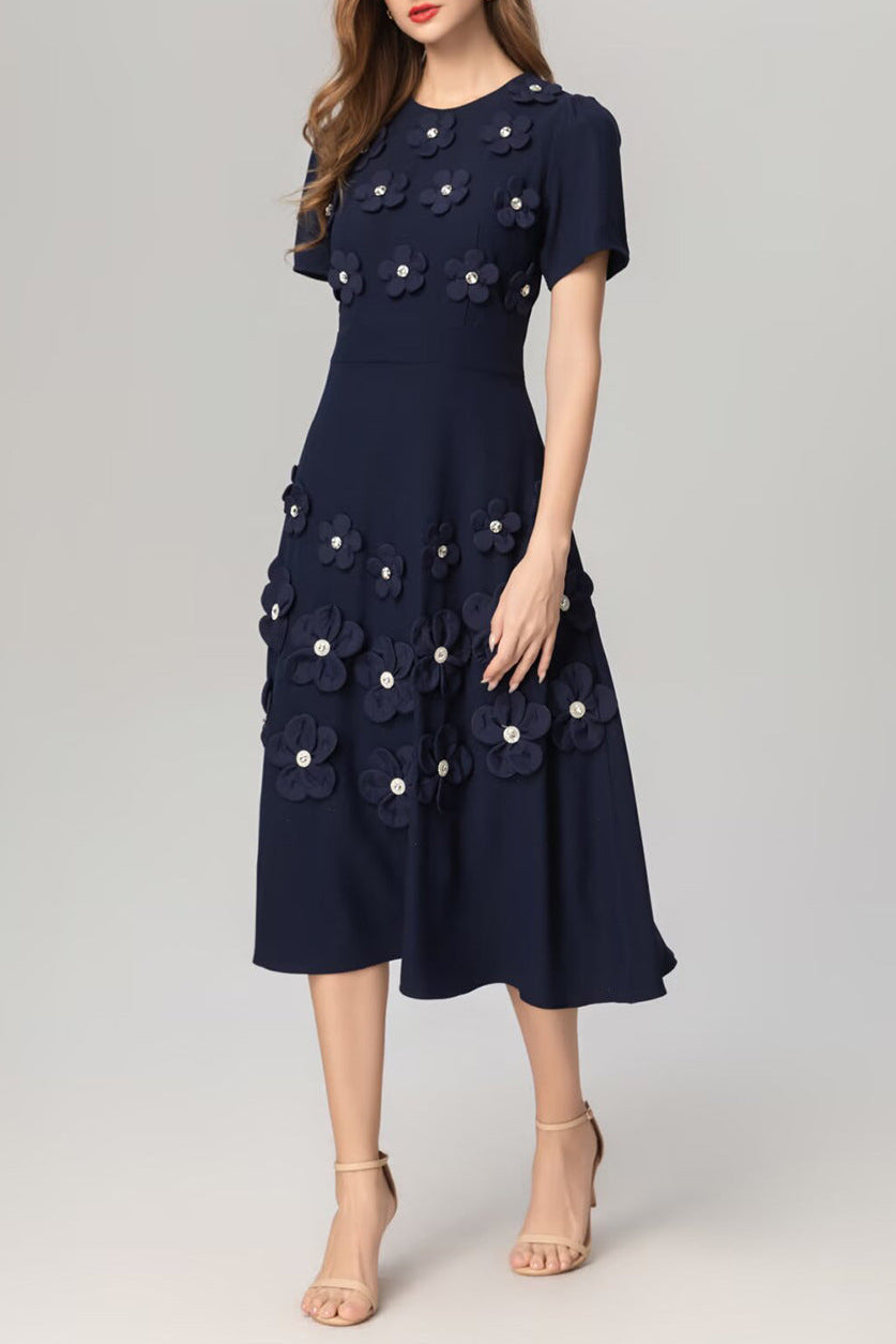 abito midi Katherine con applicazioni di fiori 3D in blu navy