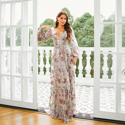 v neck sequin floral print puff sleeve maxi dress