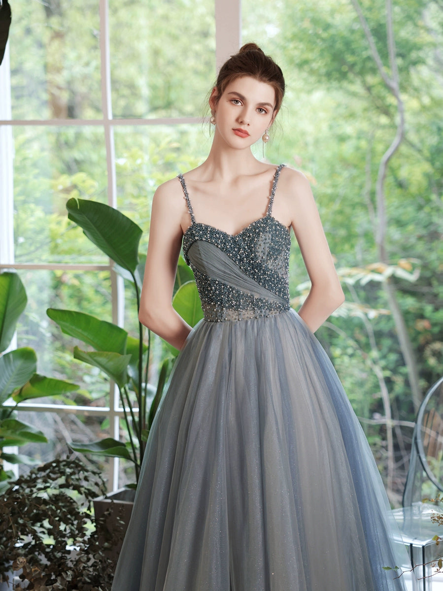 viven pearl embellished tulle maxi dress in blue