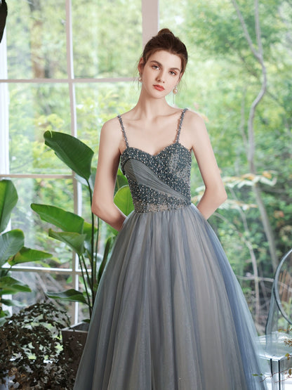 viven pearl embellished tulle maxi dress in blue