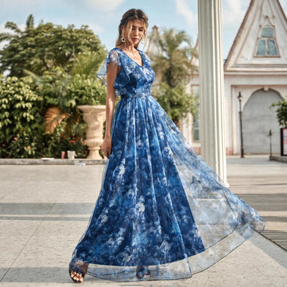 v neck floral print ruffle maxi dress in blue