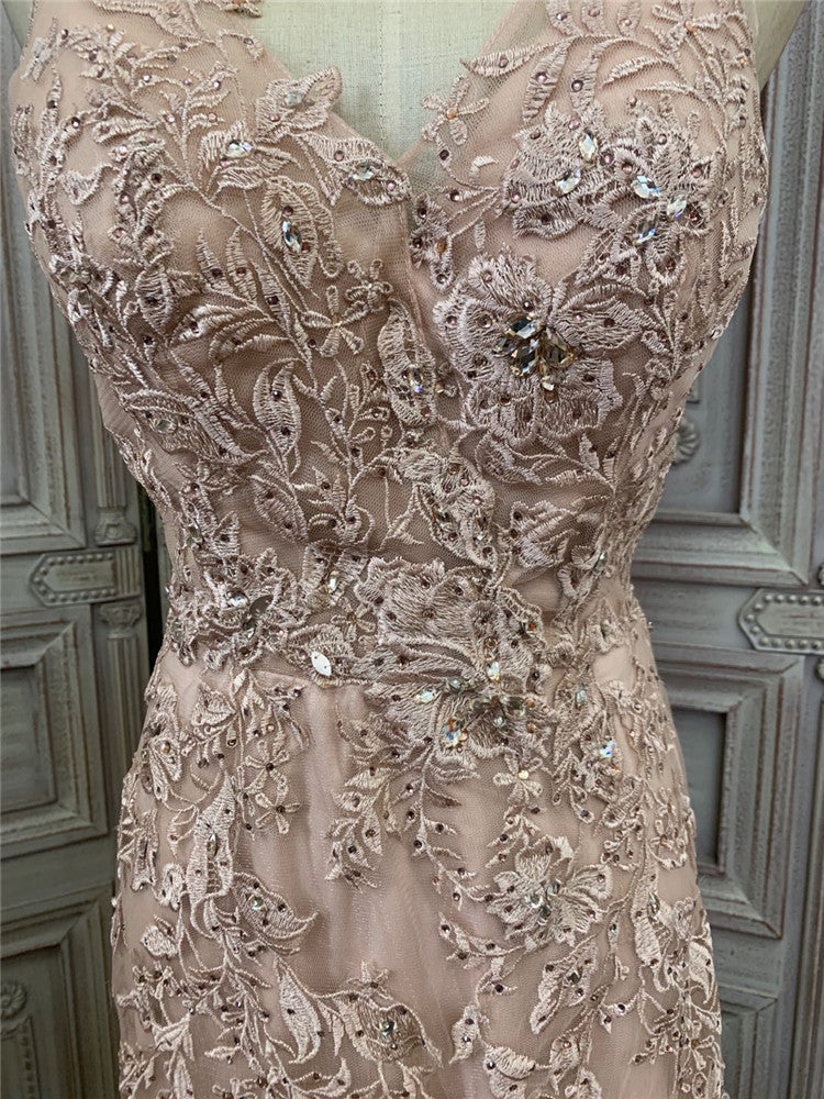 Apricot-colored organza embroidered double-shoulder long evening dress