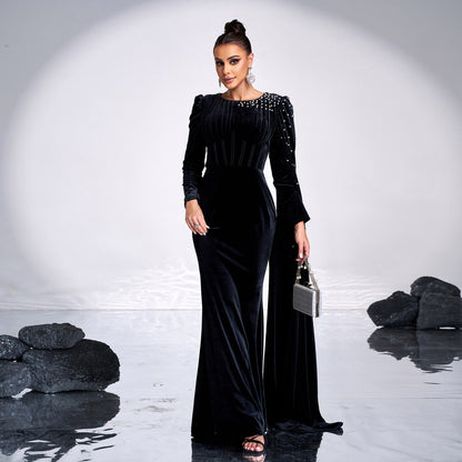 Round neck long sleeve long bodycon dress with rhinestones