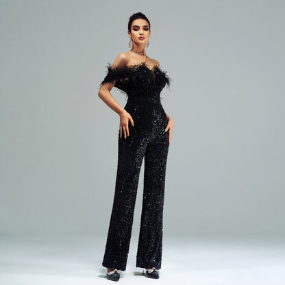 off-shoulder sequin feather jumpsuit in black