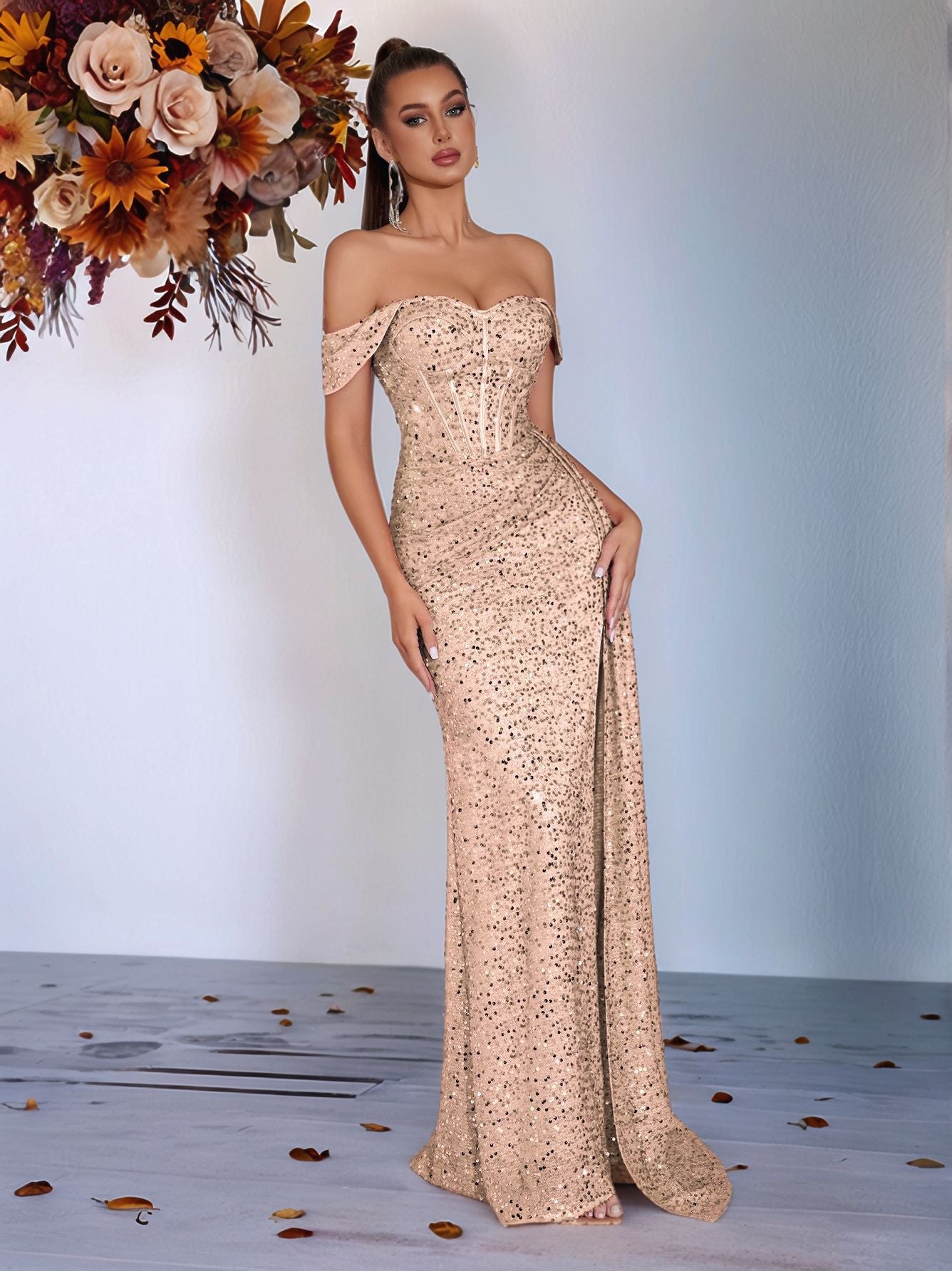 gabrielle Sequined strapless slit evening maxi dress
