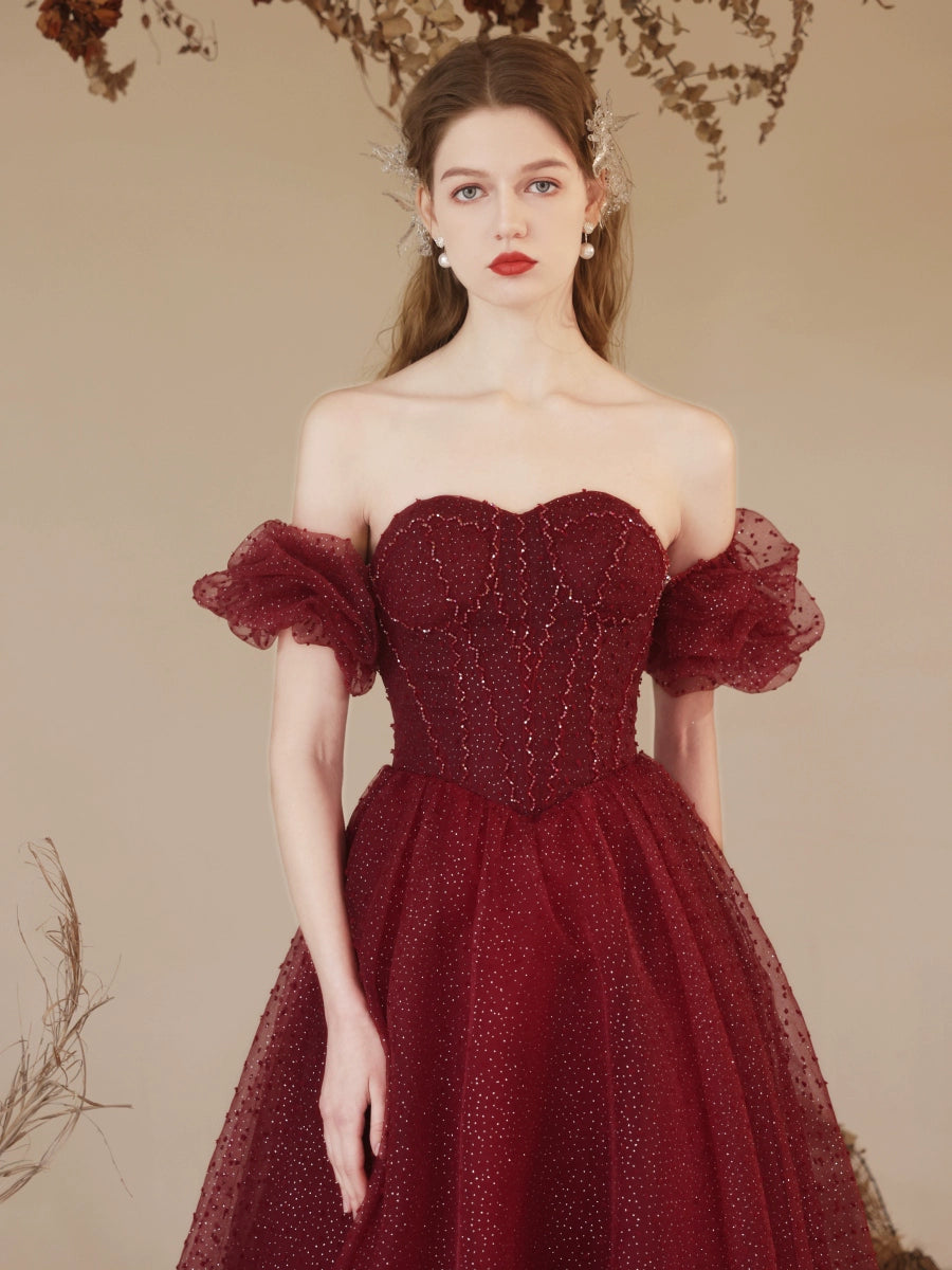 sequin detail polka dots puff sleeve maxi dress in claret