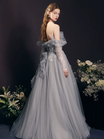 blue sequin embellished tulle maxi dress
