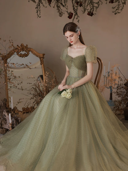 off-shoulder pearl detail puff sleeve maxi dress in green