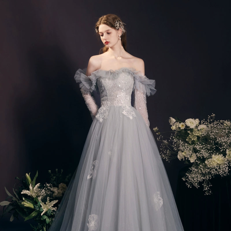 blue sequin embellished tulle maxi dress