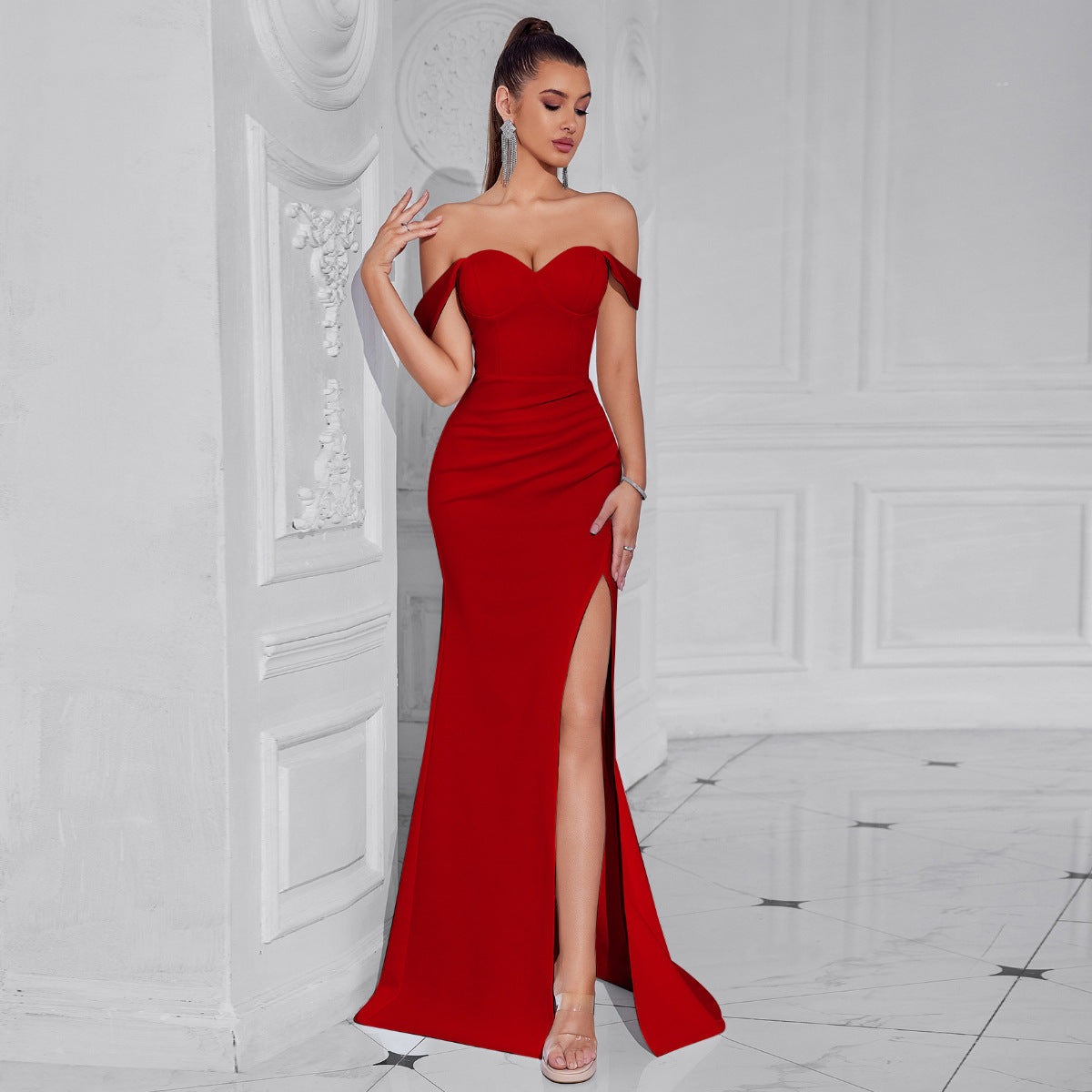 claire high slit backless bodycon maxi dress in white