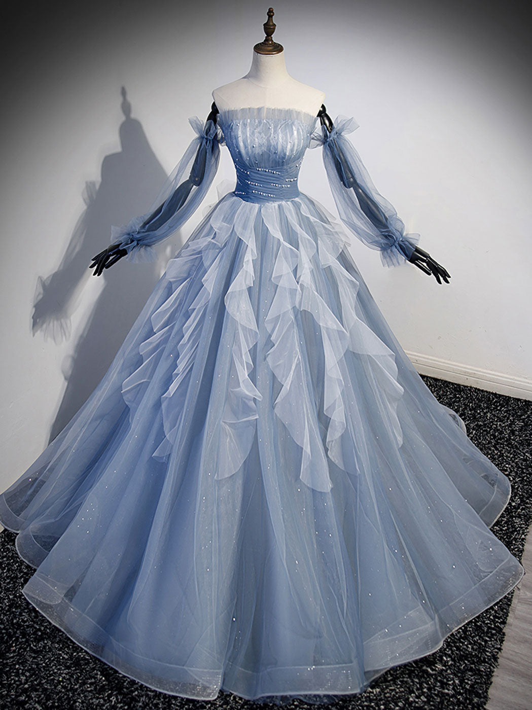 Abito da ballo lungo in tulle grigio blu a trapezio