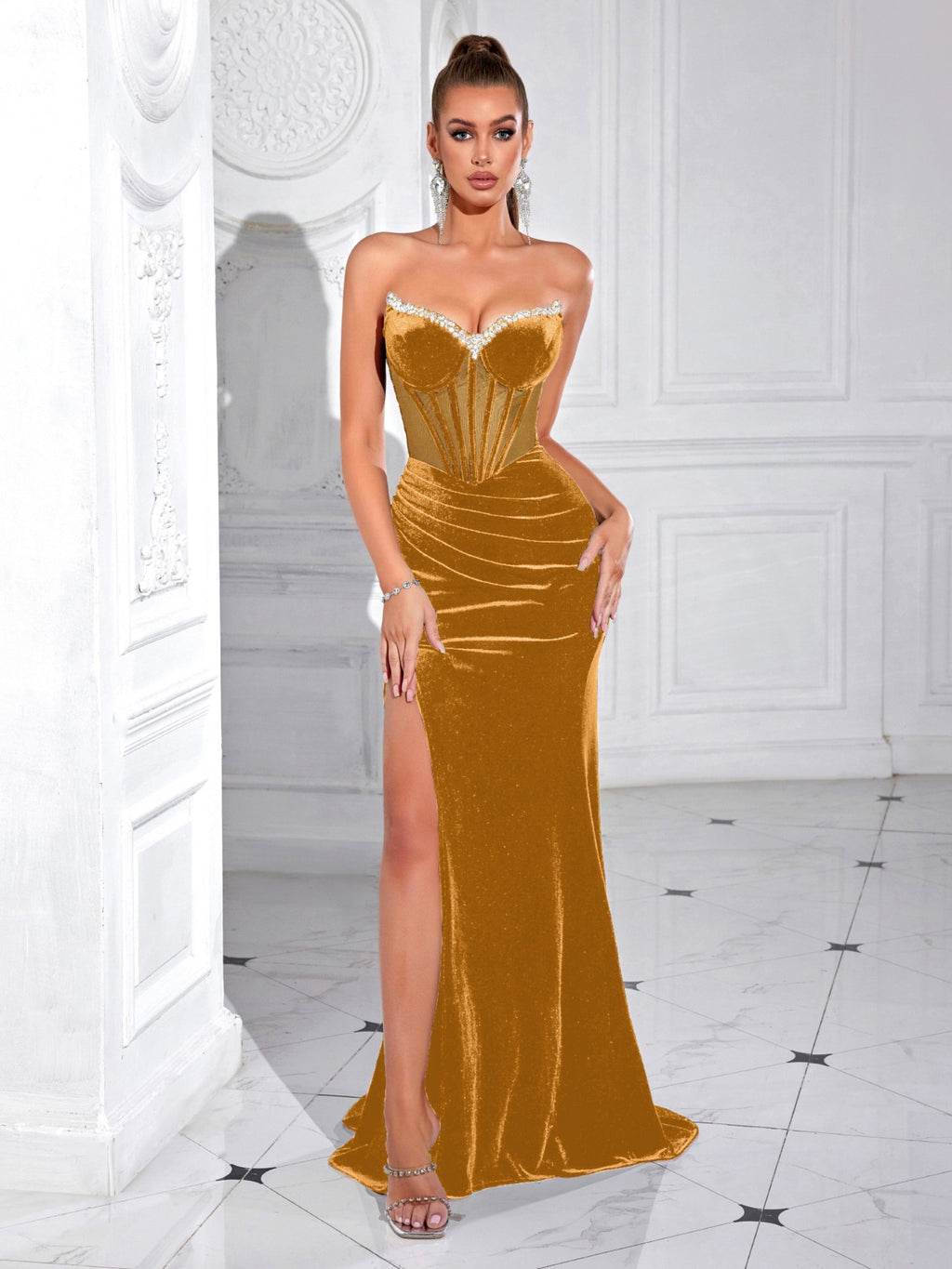 chaya Rhinestones off-shoulder high slit maxi dress