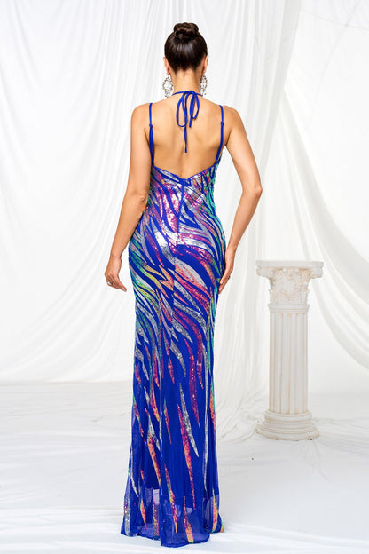 Sleeveless halter neck bodycon sequined slit dress