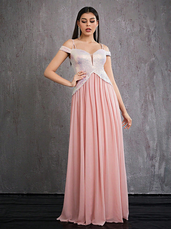 off-shoulder v neck sequin patchwork chiffon maxi dress in pink