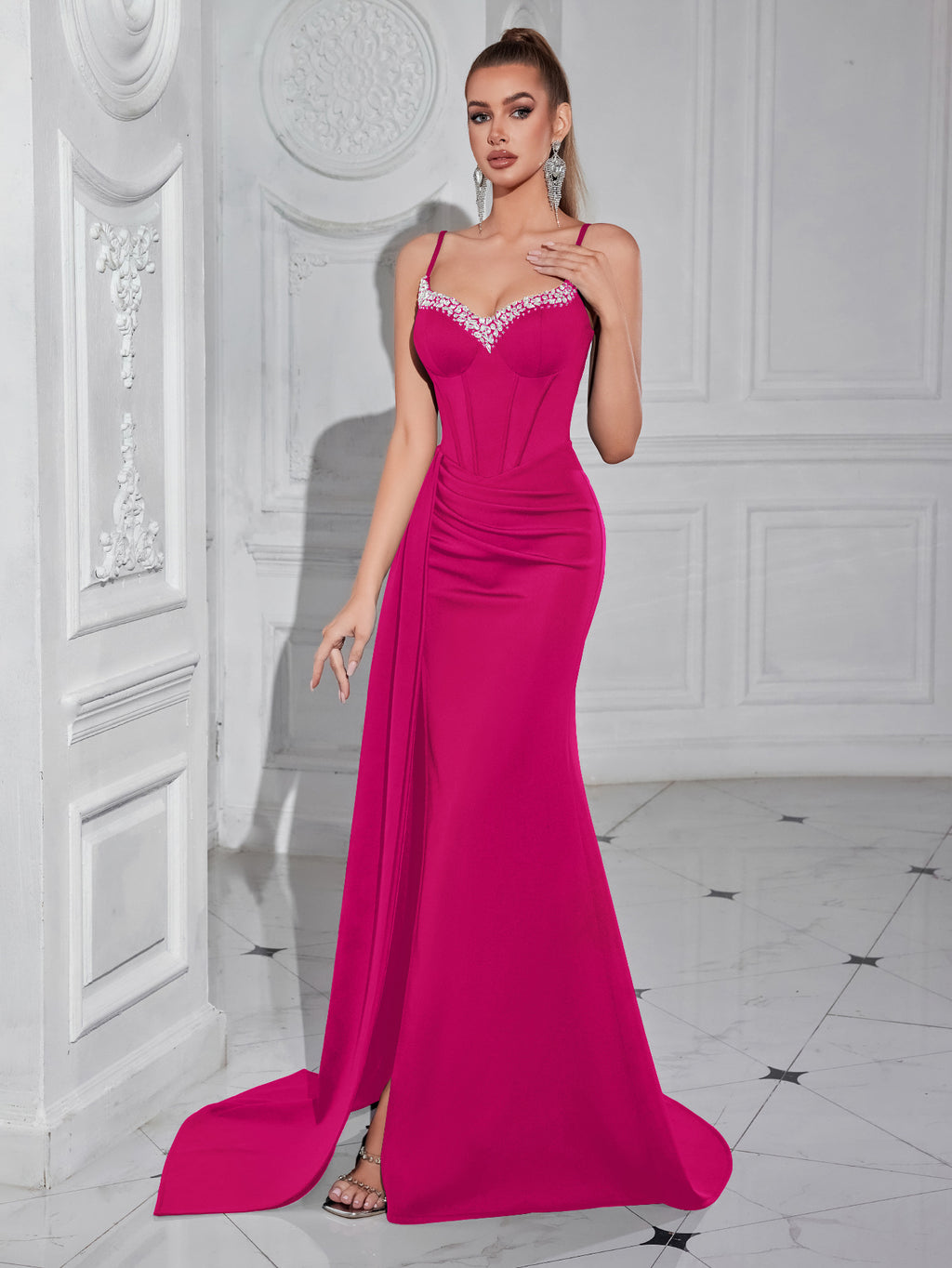 evelyn Rhinestones satin draped high slit maxi dress