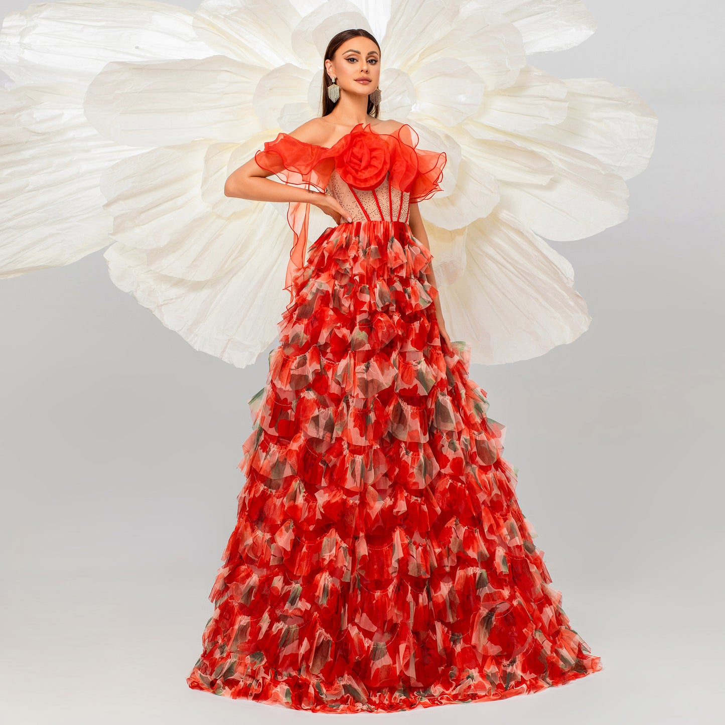 off shoulder flower tulle layer trim maxi dress in red
