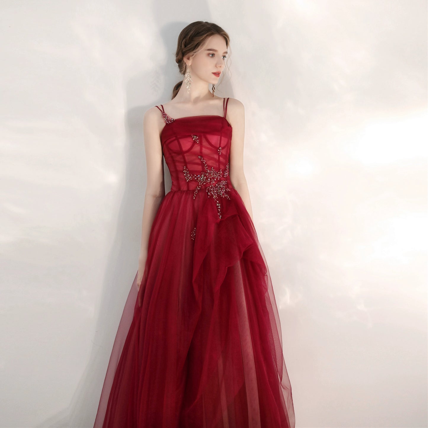 crystal applique maxi dress in burgundy