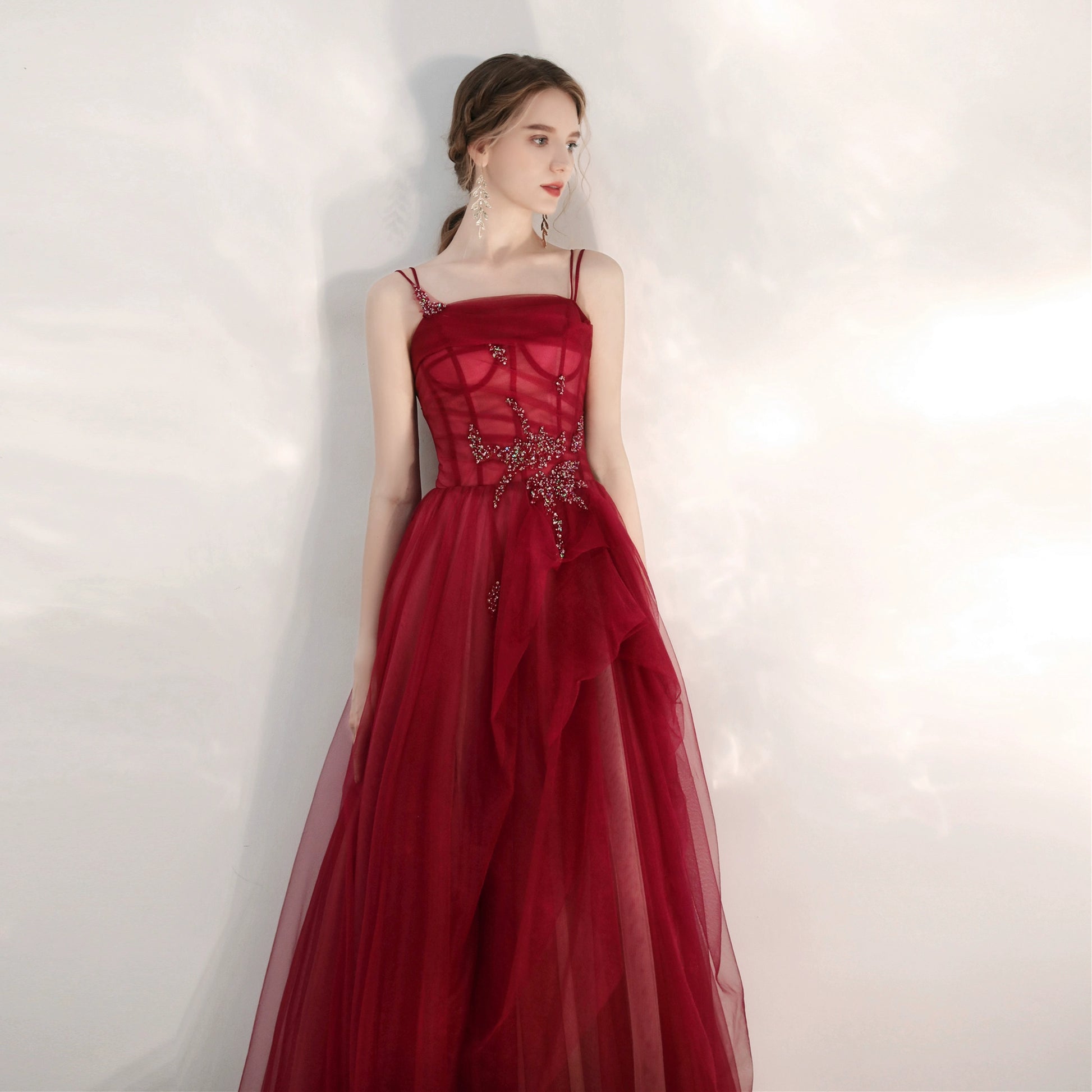 crystal applique maxi dress in burgundy