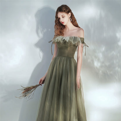 tulle ruffle strapless maxi dress in green