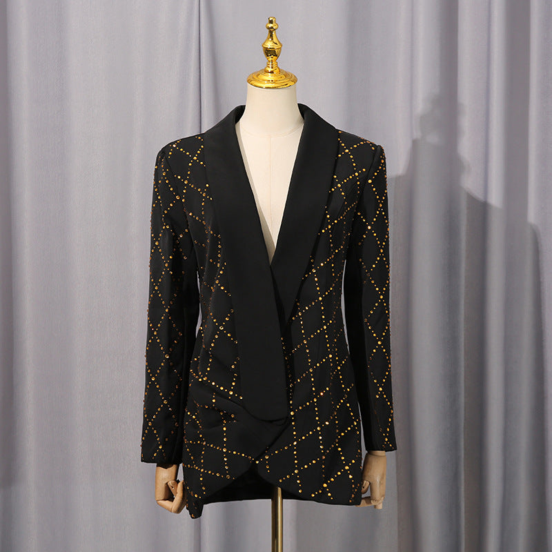 Blazer nero con colletto ripiegato e strass Adelaide