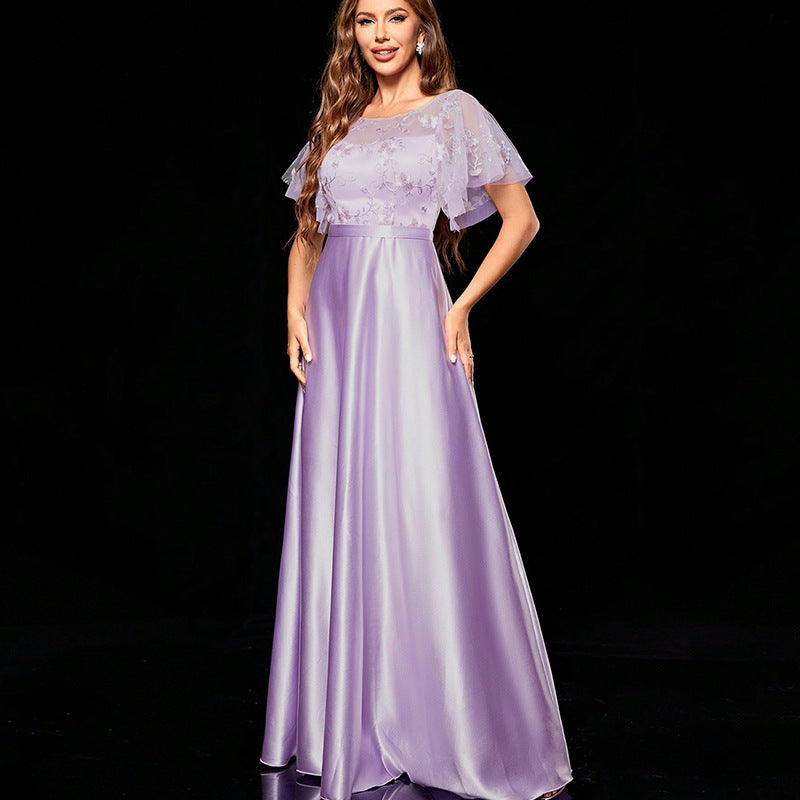 applique backless satin maxi dress in pale purple
