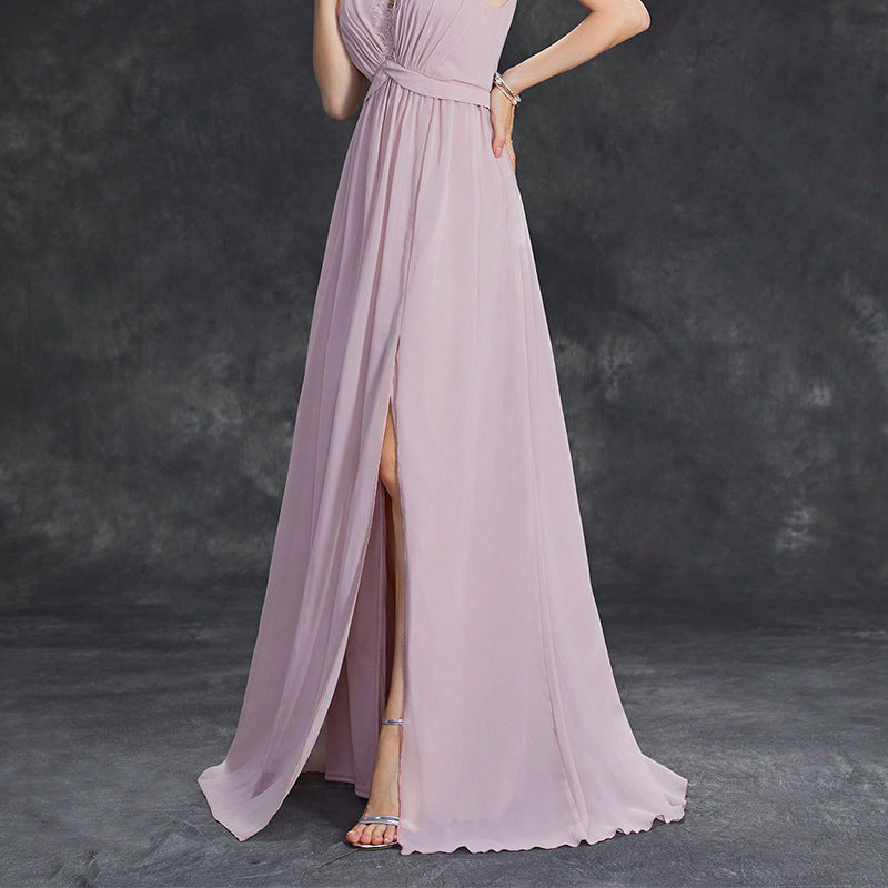 kate lace trim chiffon high slit maxi dress in pink