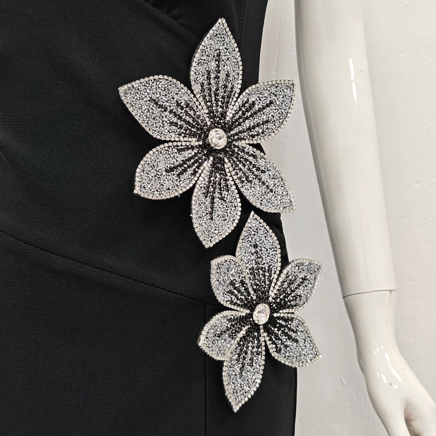 rita black 3D Floral Rhinestone Bodycon Slit Maxi Bandage Dress