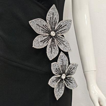 rita black 3D Floral Rhinestone Bodycon Slit Maxi Bandage Dress