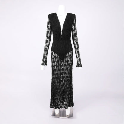 gwendolyn v neck hollow long sleeve lace maxi dress  in black