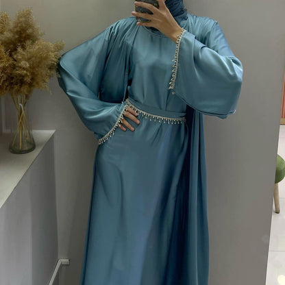 4pcs Set Cardigan+without  Sleeves Inner Dress+Crystal Chain+Hijab
