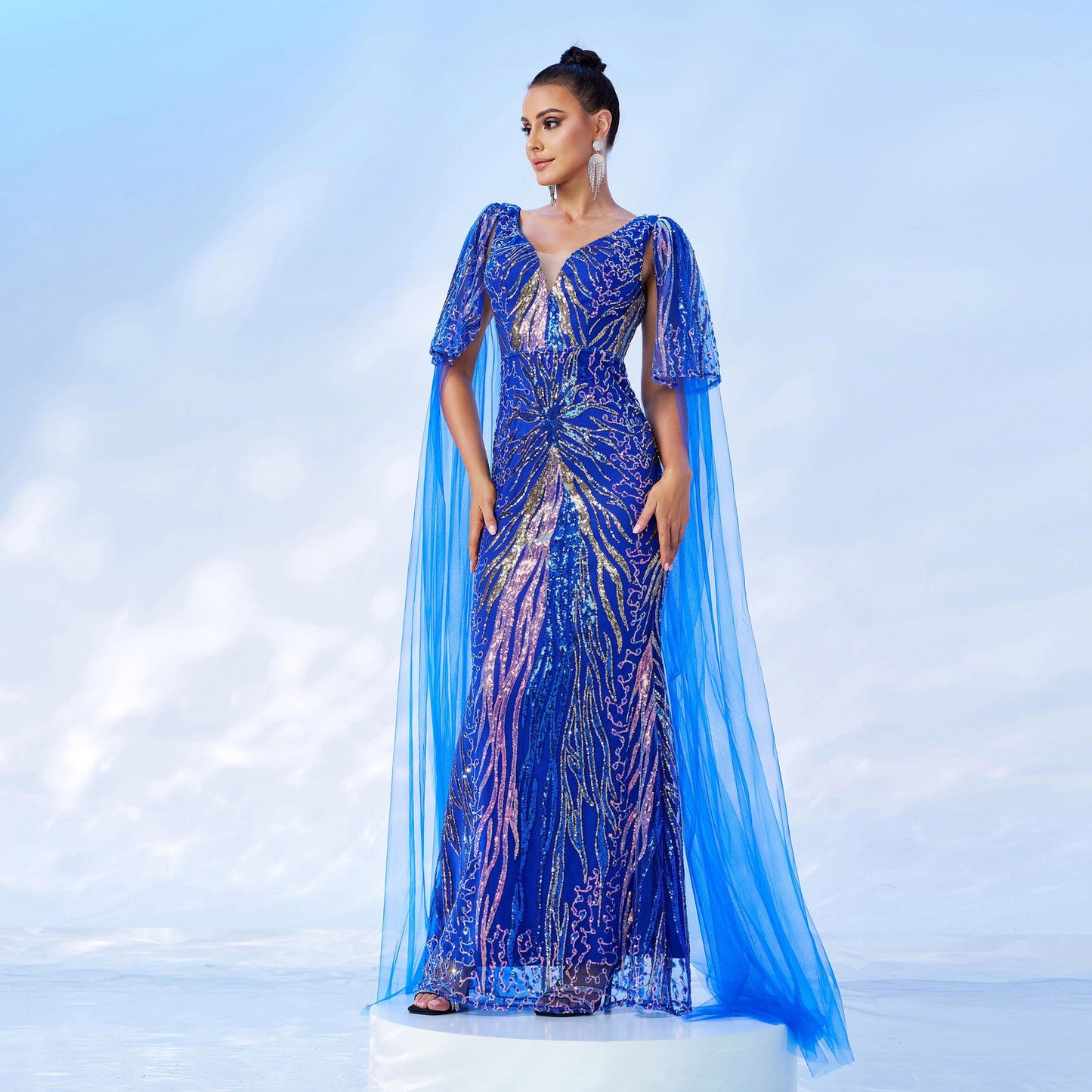 sequin detail tulle ribbon maxi dress in blue