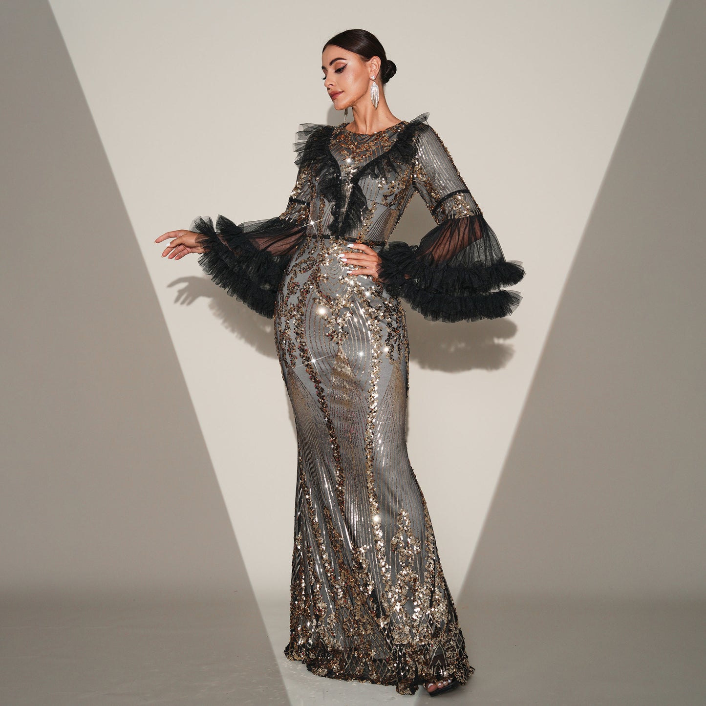 eudora sequin embellished ruffle trim bodycon maxi dress