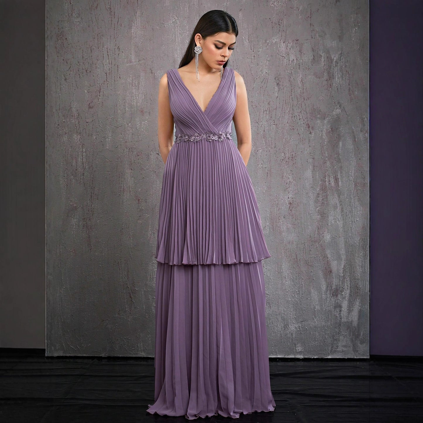 v neck pleated sleeveless maxi dress in purple